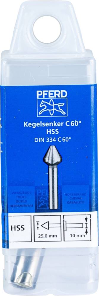 Packaging for a PFERD countersink, 25 mm diameter, for metalworking, to DIN 334 C 60°, HSS material.