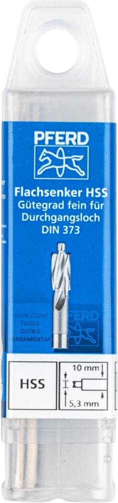 Packaging for a high-speed steel (HSS) countersink, fine quality grade, for through-hole drilling according to DIN 373, illustrated with an image of the tool.