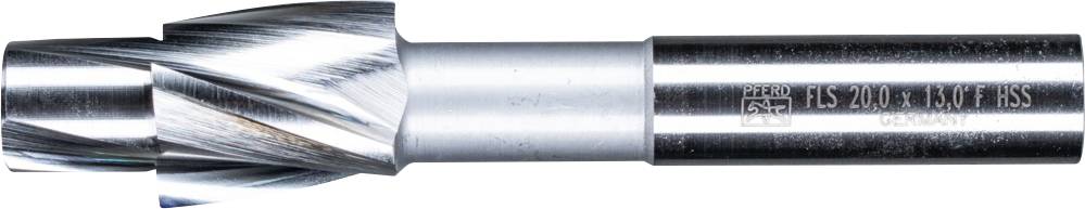 Milling cutter with spiral cutting edges and cylindrical shaft. Inscription '25.0' and 'HSS Co8'. Tool for metalworking.