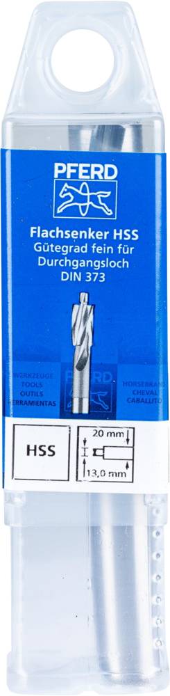 Packaging of a flat countersink tool by PFERD. Label: 'HSS Flat Countersink', 'Fine pitch for through hole', DIN 373, Dimensions: 20 mm, 13 mm.