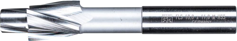 Metal milling cutters with multiple cutting edges, cylindrical shaft, and manufacturer identification. Primarily used for machining metal surfaces.