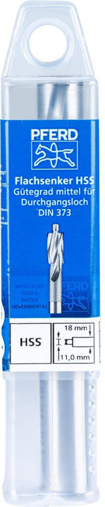 Packaging containing a PFERD HSS flat countersink, suitable for through holes in accordance with DIN 373. Size: 18 mm and diameter: 11 mm.