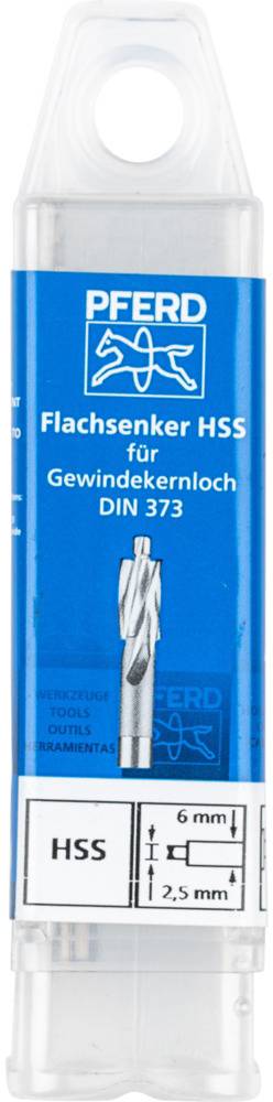 'HSS Countersink for Thread Core Hole DIN 373' on blue label of a transparent packaging, drill bit illustrated, size specifications.
