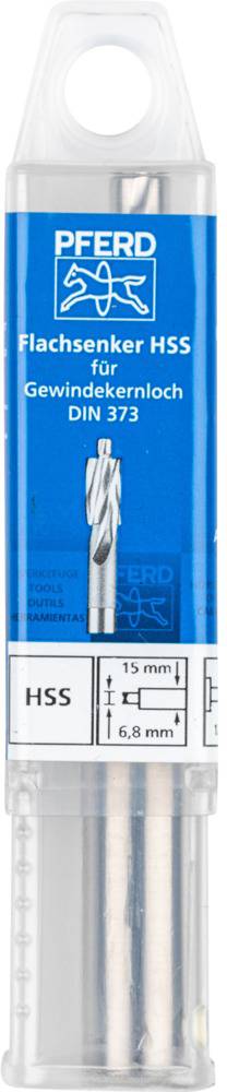 A blue packaging with the inscription 'HSS Countersink for Thread Core Hole DIN 373'. Underneath technical details: 15 mm diameter, 6.8 mm shank.