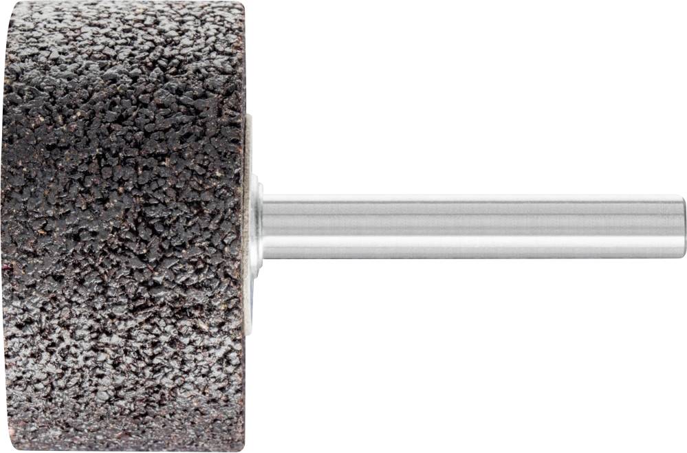 A grinding cylinder with a rough, dark surface and a silver metal shaft, used for smoothing materials.