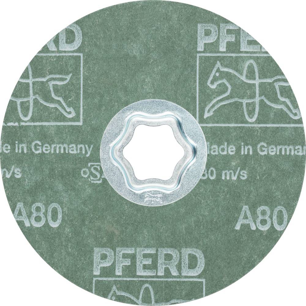 A green grinding disc by Pferd, with the inscription 'Made in Germany', speed rating of '80 m/s' and grain size 'A80'.
