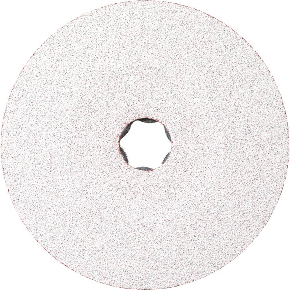 Grinding wheel with a granular surface, circular in shape, with an octagonal hole in the centre. Used for grinding materials.