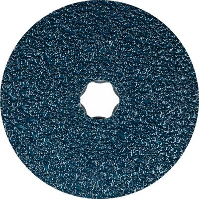 'Round, serrated grinding disc, turquoise grinding material with a textured surface, central hole for attachment.'