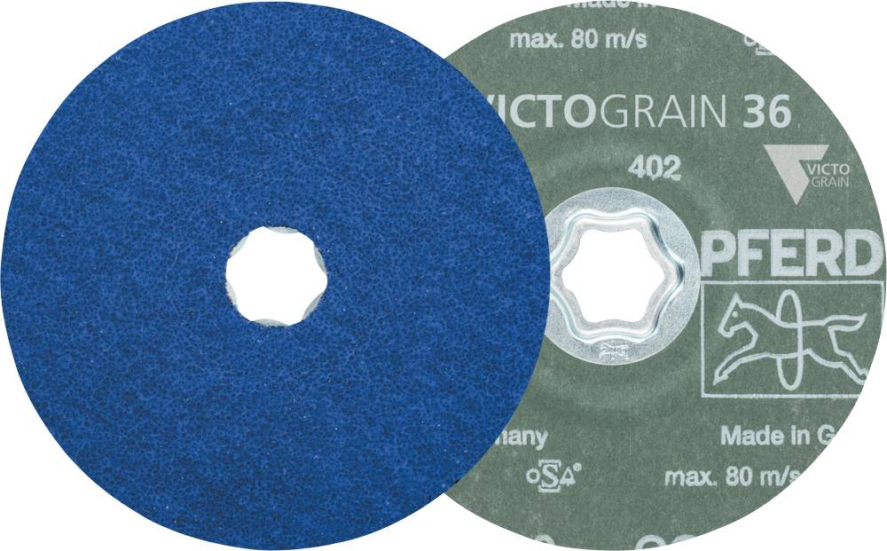 Two grinding discs with the inscription 'VICTOGRAIN 36', one blue and one grey, featuring a stylised horse logo and marked 'Made in Germany'.