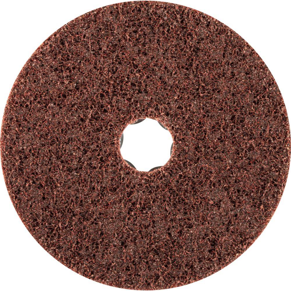 A brown grinding attachment with a central opening, circular and structured, presumably for use in grinding machines.