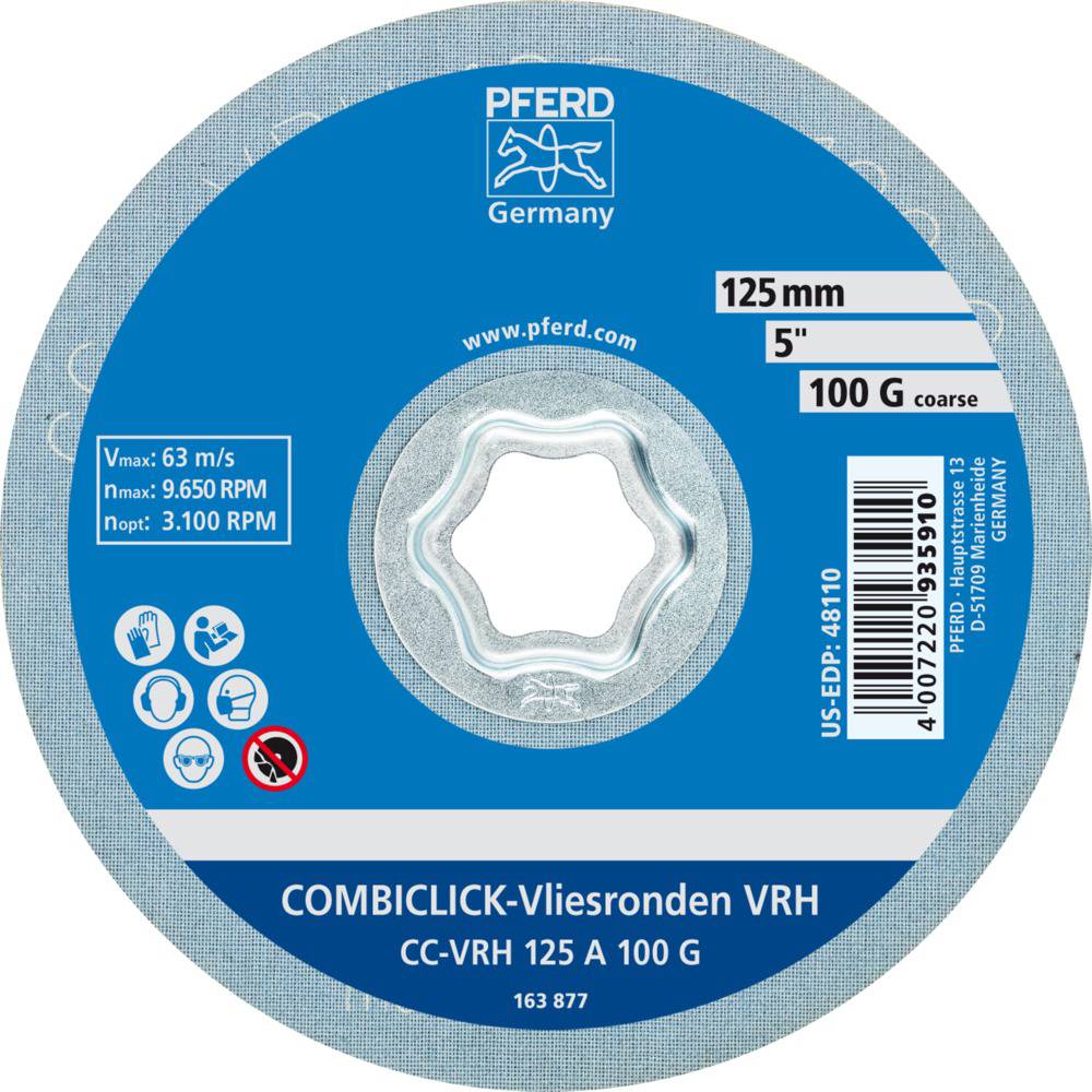 Grinding Disc 'COMBICLICK-Fleece Rounds VRH', 125 mm diameter, manufactured by PFERD Germany, maximum rotational speed 9,650 rpm.