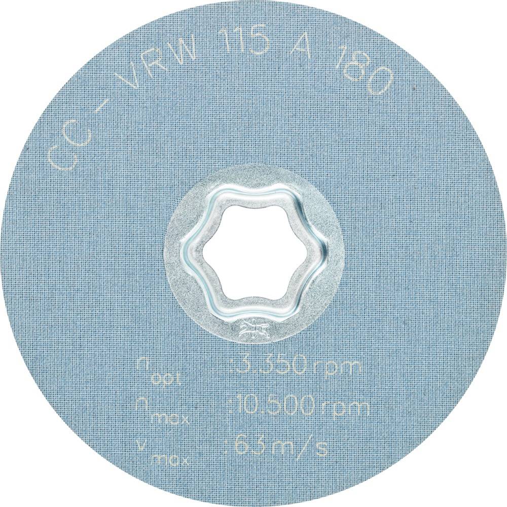 Blue sandpaper with white text: 'CC-VRW 115 A 180'. Details for revolutions: 3,350 rpm, 10,900 rpm max. Speed: 6.3 m/s.