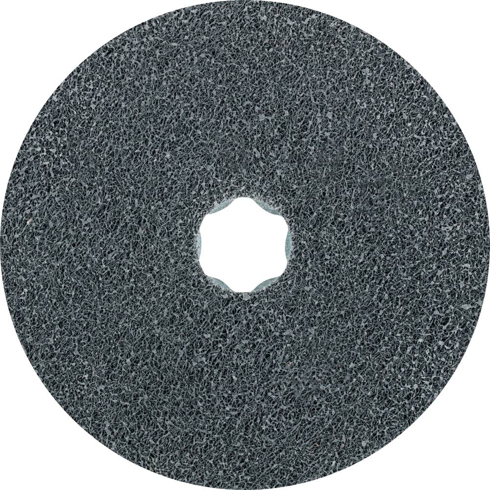 'Round, flat grinding disc with a central hole, dark grey, used for grinding metals.'