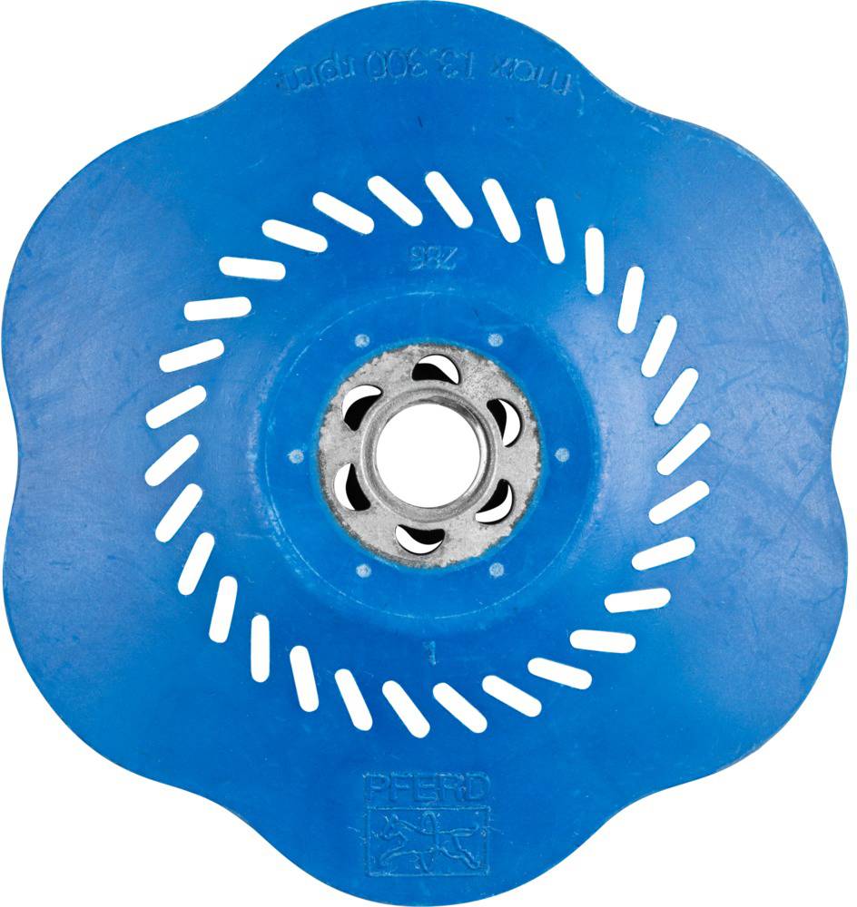 Single view of a blue grinding disc with a circular opening in the centre and evenly distributed slots for ventilation.