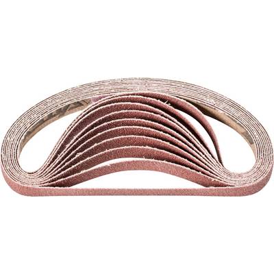 A stack of rust-brown sanding belts, layered and curved, suitable for sanding work or machinery.