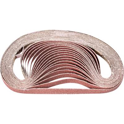 A stack of brown sanding belts is rolled up and stacked on top of each other. The sanding belts have a coarse texture.