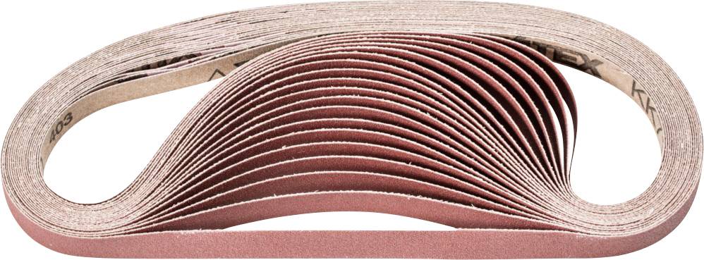 A stack of long sanding belts bent, showing the grey reverse side and the reddish abrasive surface. Suitable for sanding work.