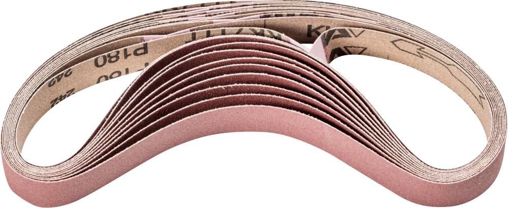 A stack of slotted sanding belts in russet brown, layered on top of each other and viewed from the side, reveals the slotted structure.