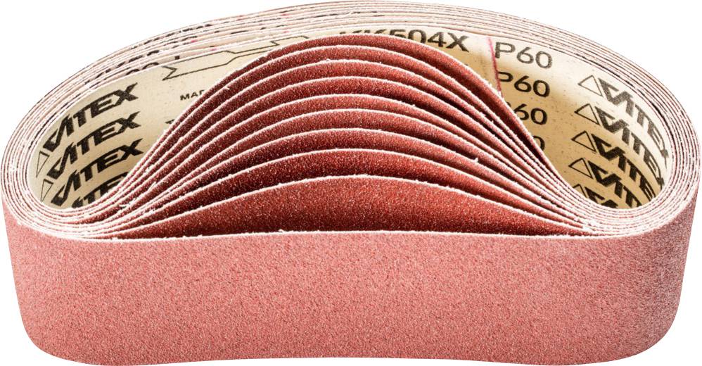 A stack of rust-brown sanding belts, folded and stacked, with the inscription 'P60' and 'VITEX' on the back.