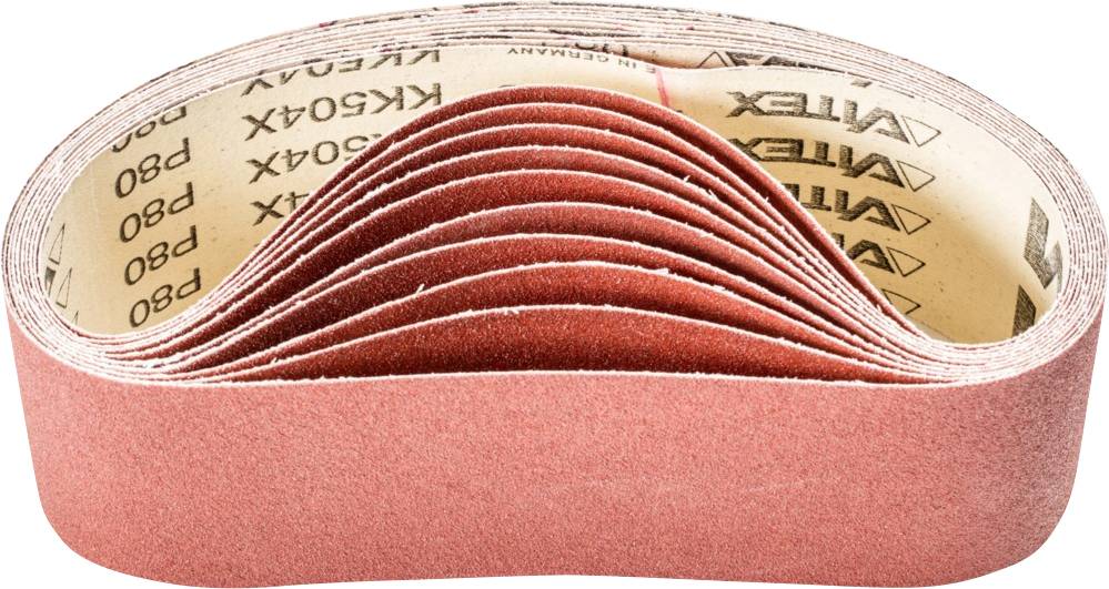 Abrasive belts in a stacked, undulating arrangement. The belts are red and suitable for grinding machines.