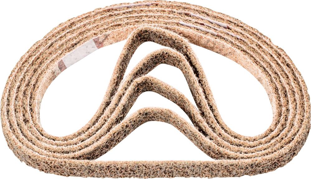 A brown abrasive belt is arranged in a wavy form so that several loops are created. The belt has a rough, textured surface.
