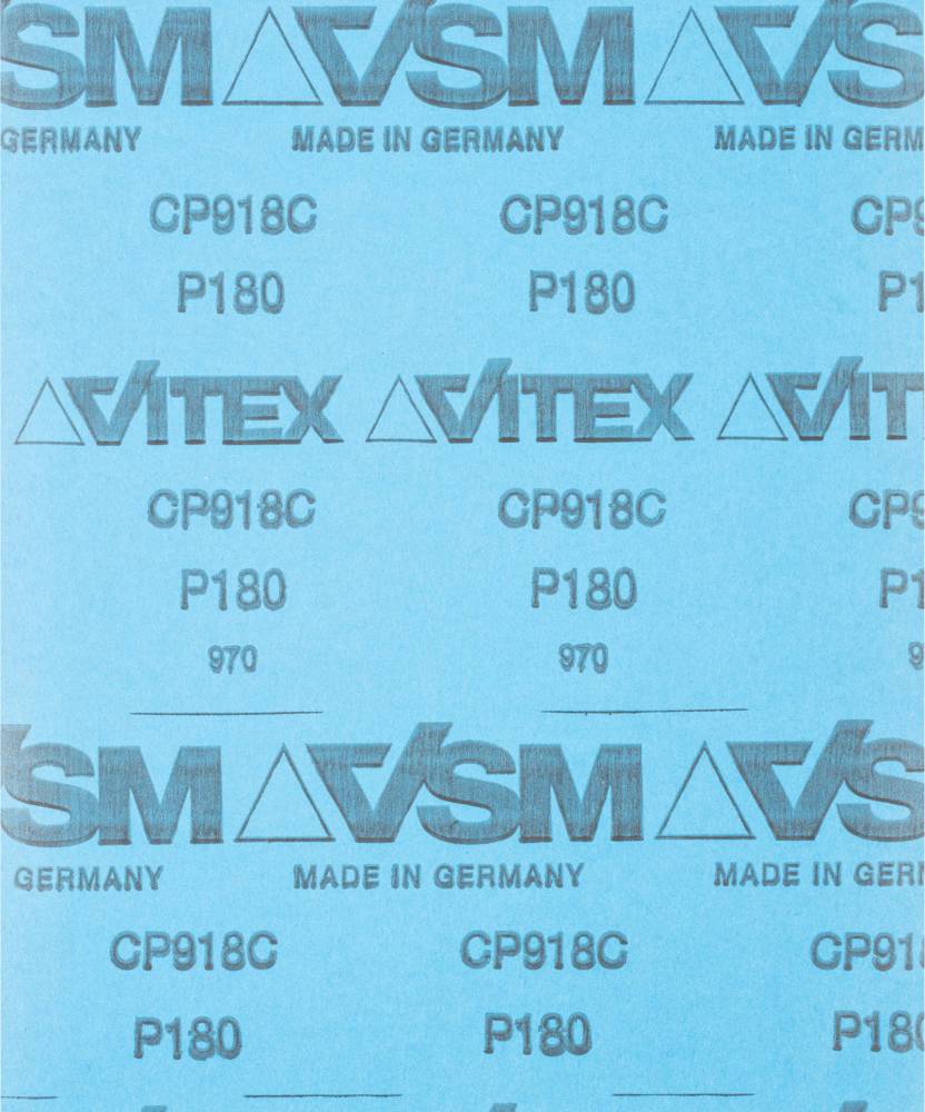 Blue sandpaper with print 'AVITEX', 'MADE IN GERMANY', 'CP918C', 'P180'.