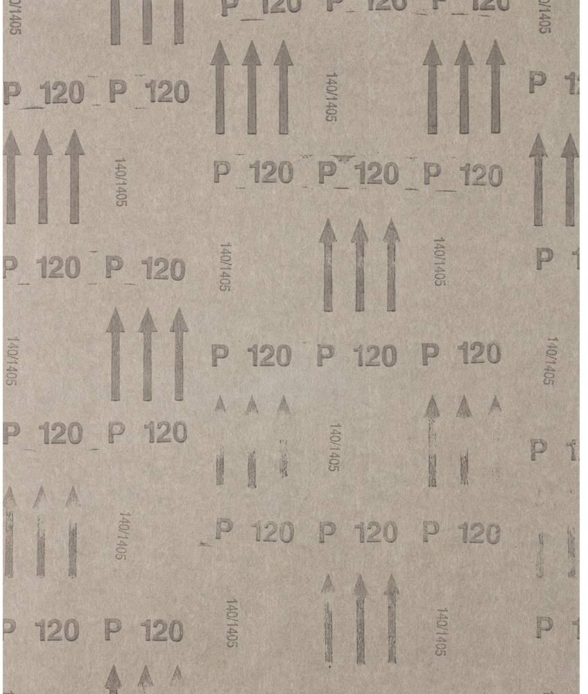 Brown sandpaper with 'P120' printed on it and arrows indicating a single direction. Suitable for medium-grade sanding work.