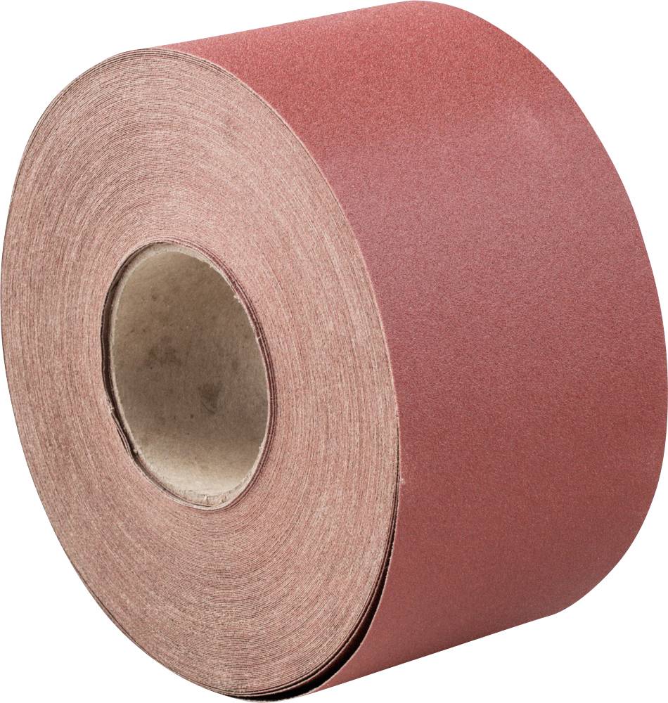 Roll of red sandpaper, lying on its side.