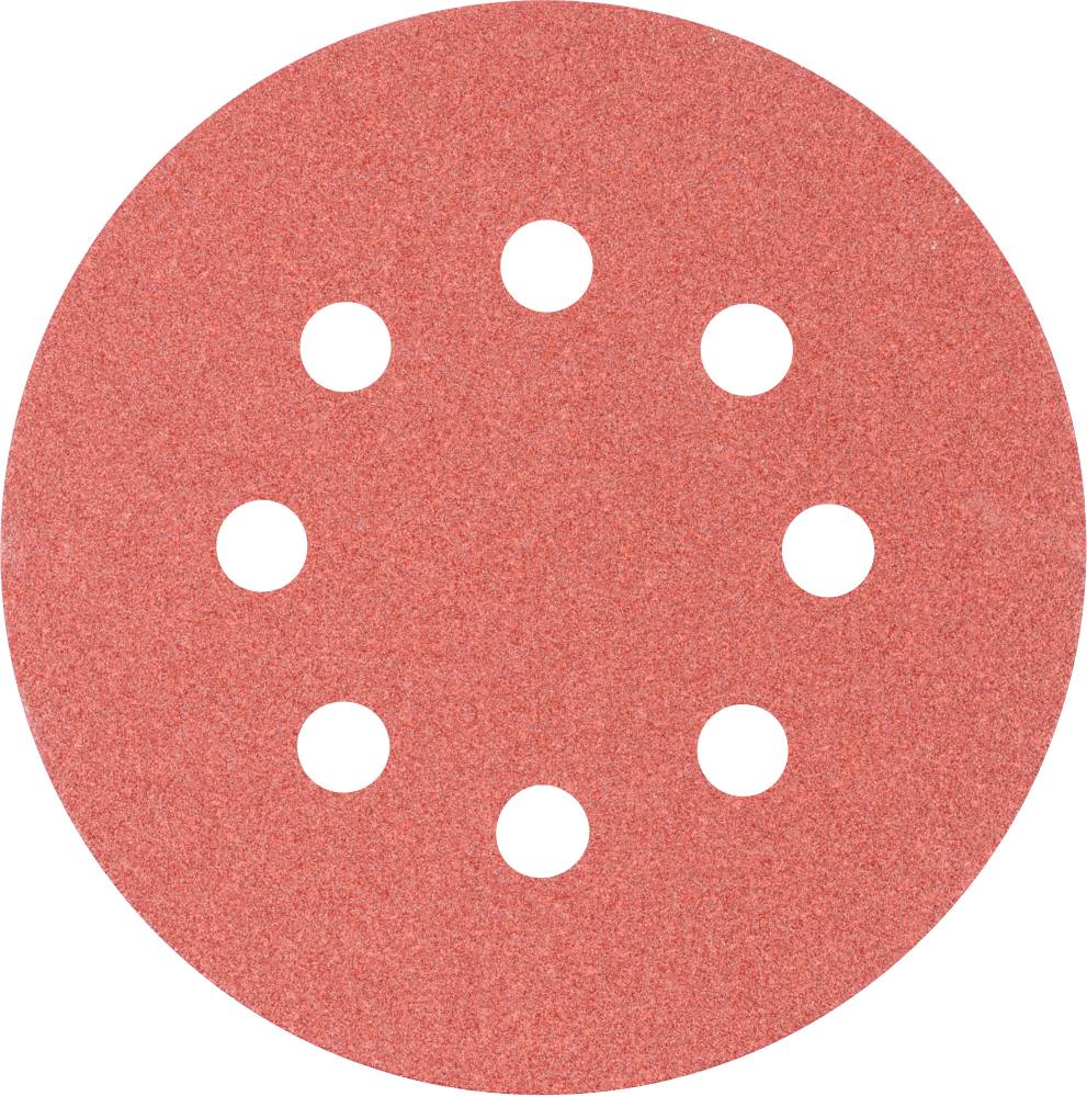 A red, circular sanding disc with nine holes in a symmetrical arrangement for use with a sanding machine.