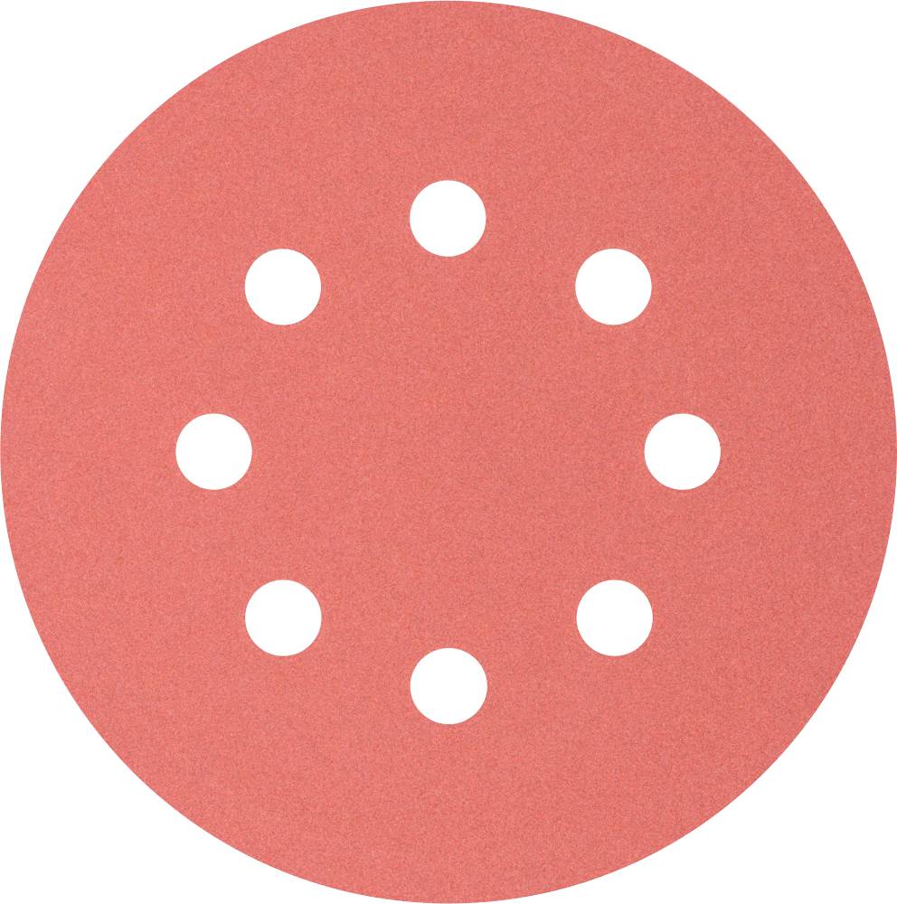 A round red sandpaper disc with ten evenly distributed holes.