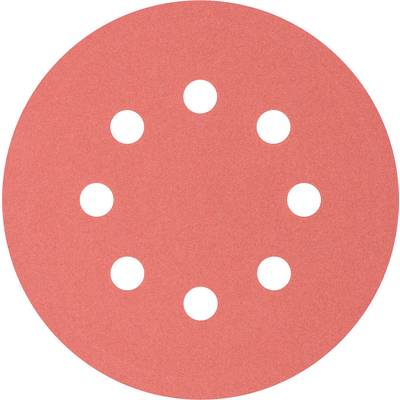 A round red sandpaper disc with ten evenly distributed holes.