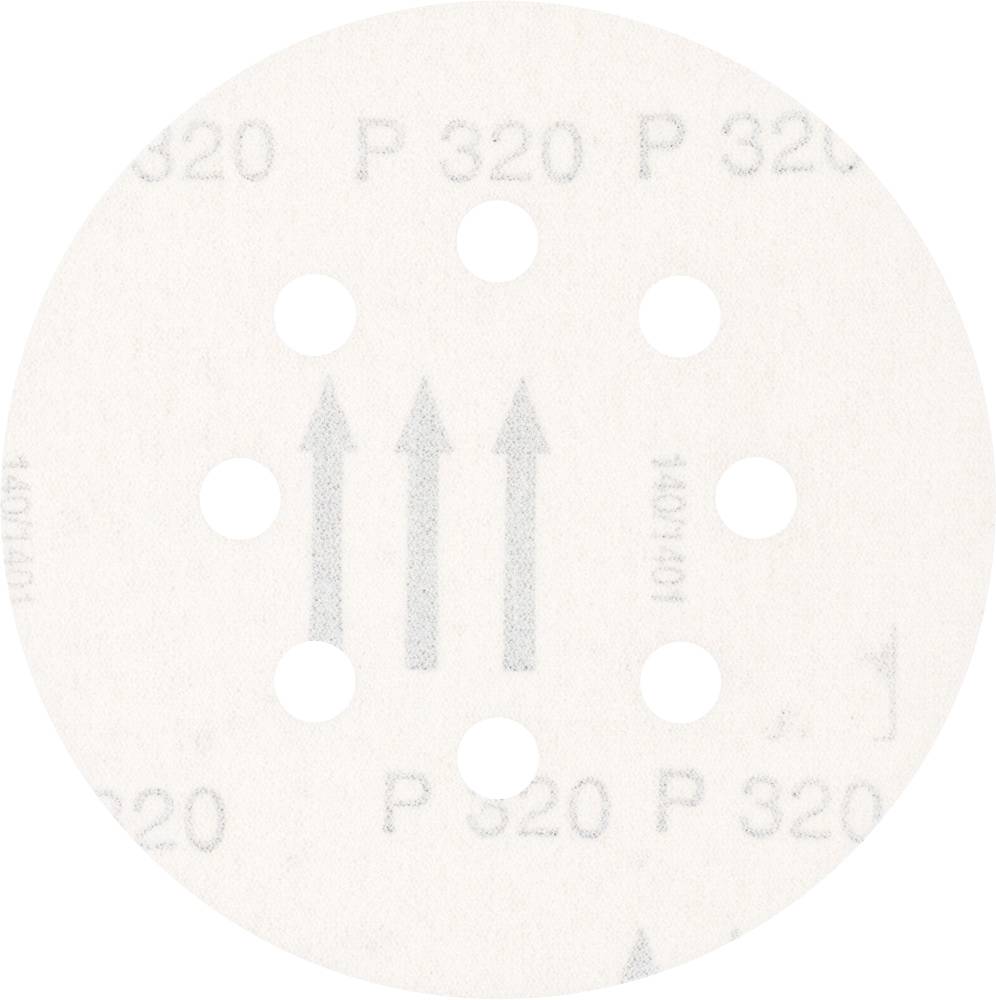 Round sanding disc with nine holes, marked with 'P 320'. Three grey arrows pointing upwards.