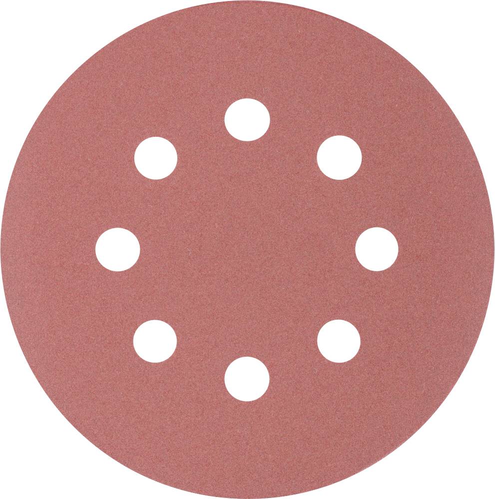 A round, red sandpaper with nine symmetrically arranged holes.
