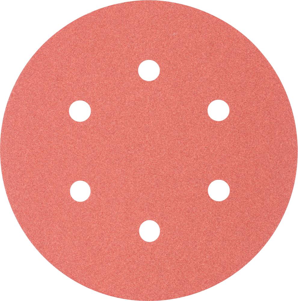 Round red sandpaper with six evenly distributed holes for use with a sanding machine.