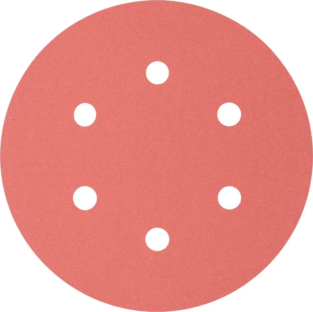 Round, red sanding paper sheet with six evenly distributed holes, used for sanding machines.