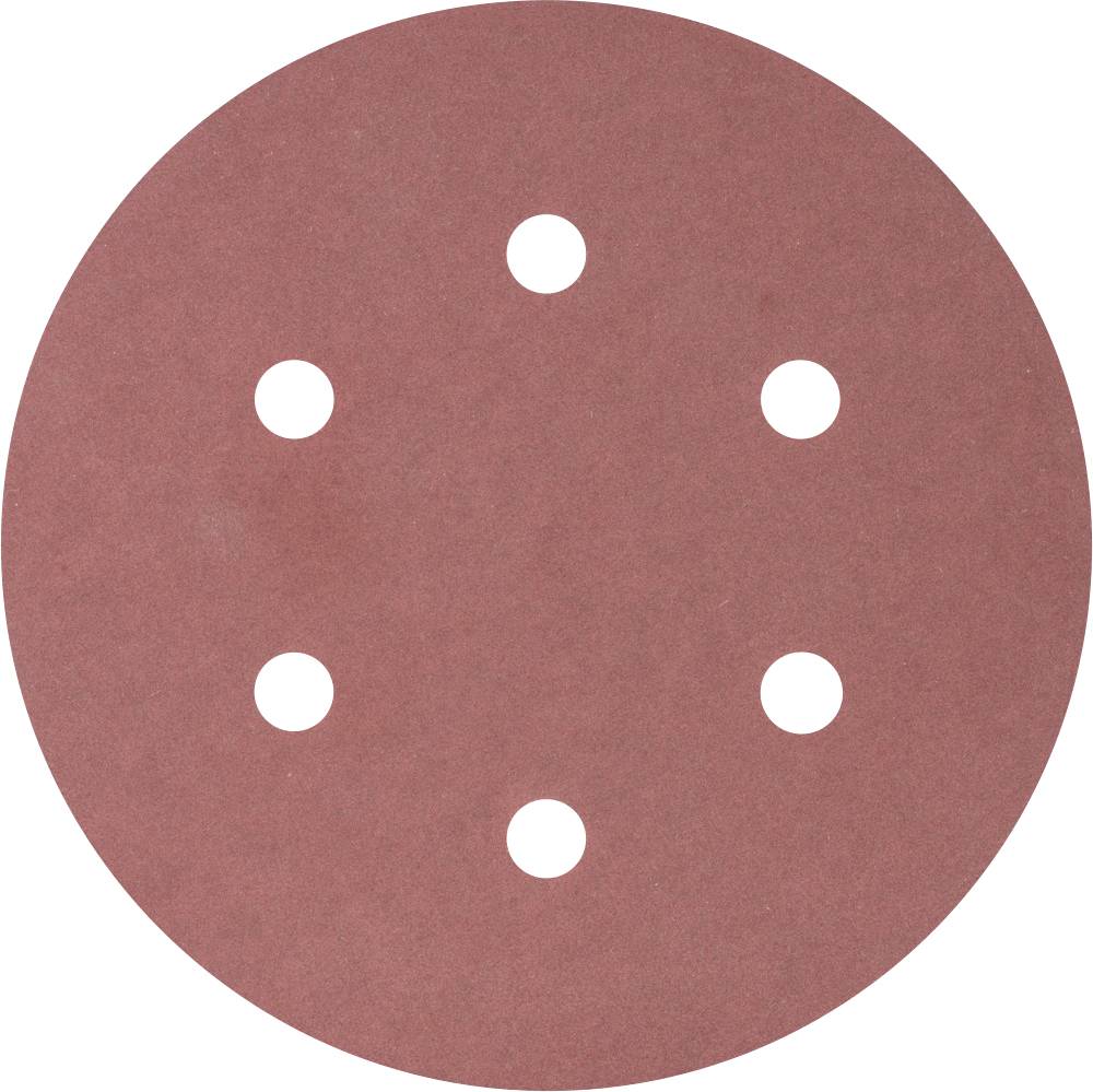 A round grinding disc with six evenly distributed holes on a red background, used for grinding machines.