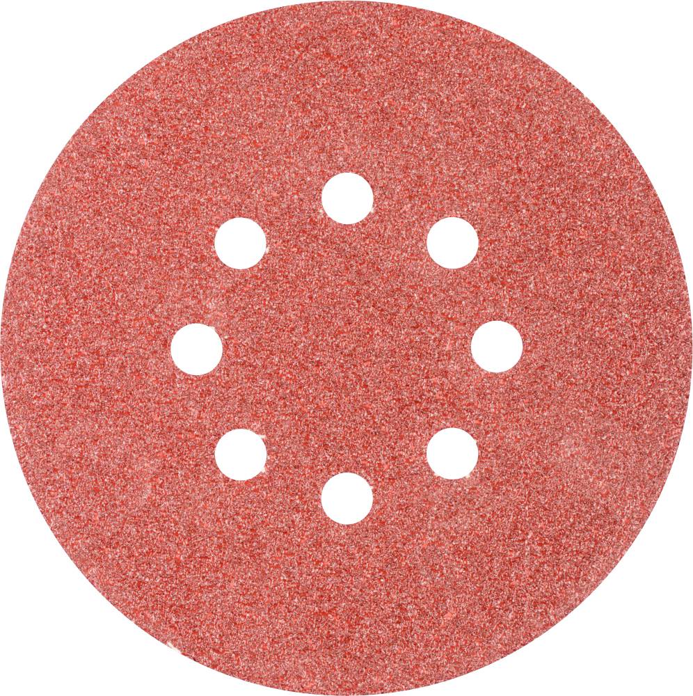 Red grinding disc with eight holes, used for polishing or grinding surfaces.