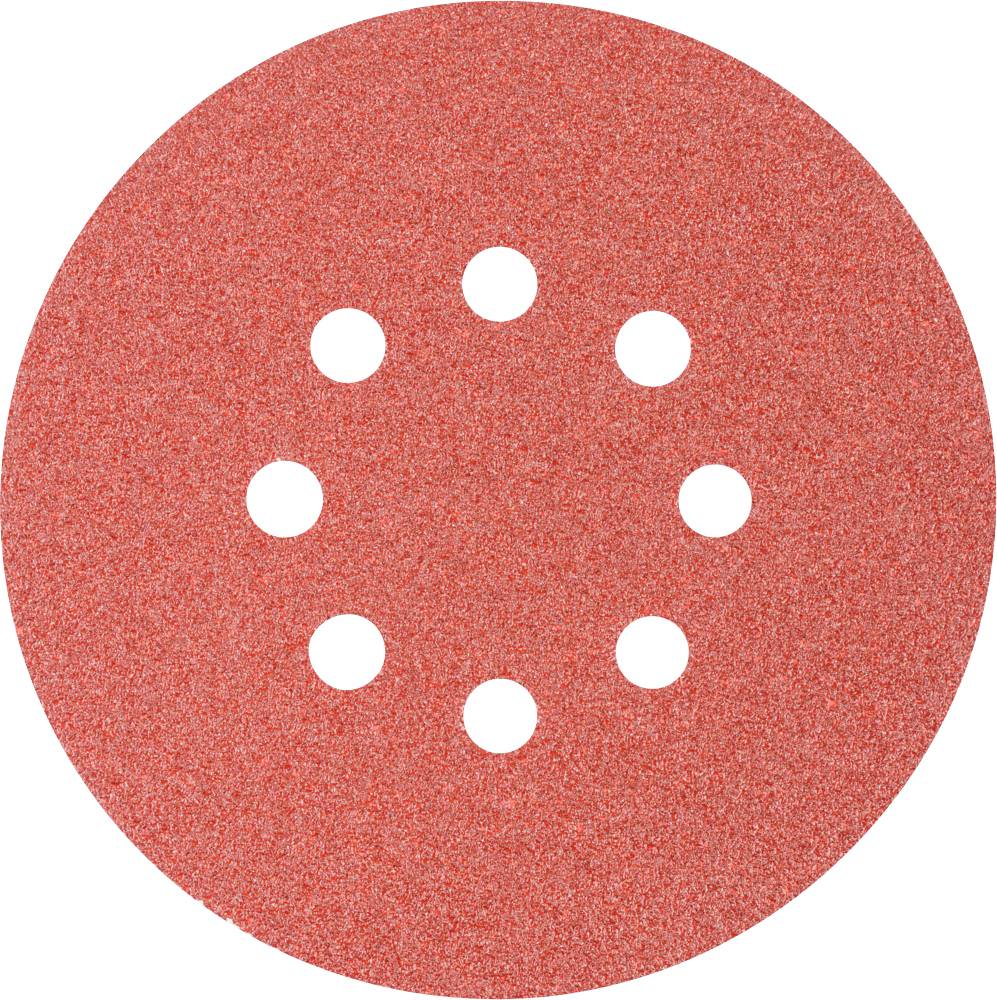 Red sandpaper in a circular shape with eight symmetrical holes, used for surface sanding.