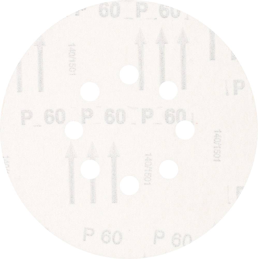 Round sanding disc with six holes and grit 'P 60', arrows for sanding direction are printed on the surface.
