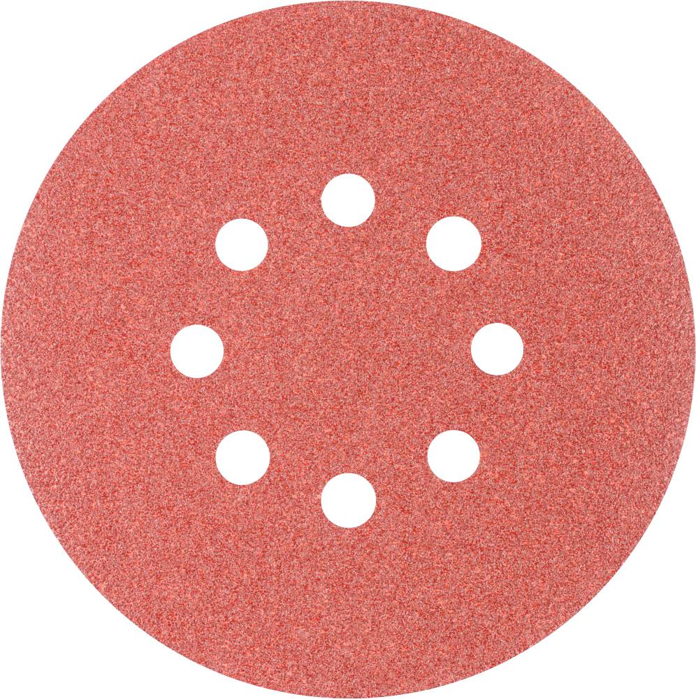Red sandpaper with eight symmetrically arranged holes in a circle.