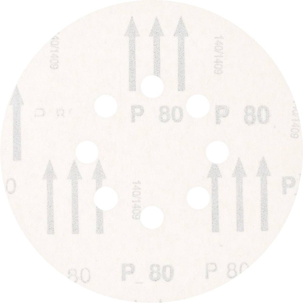 Grinding disc with six holes and printed grain size P 80. Arrows indicate the grinding direction.