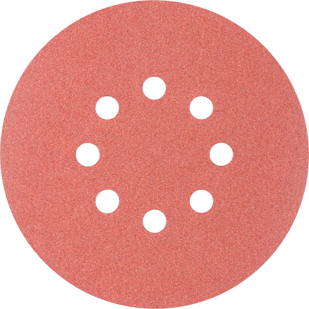 Red sandpaper circular disc with eight symmetrically distributed holes.