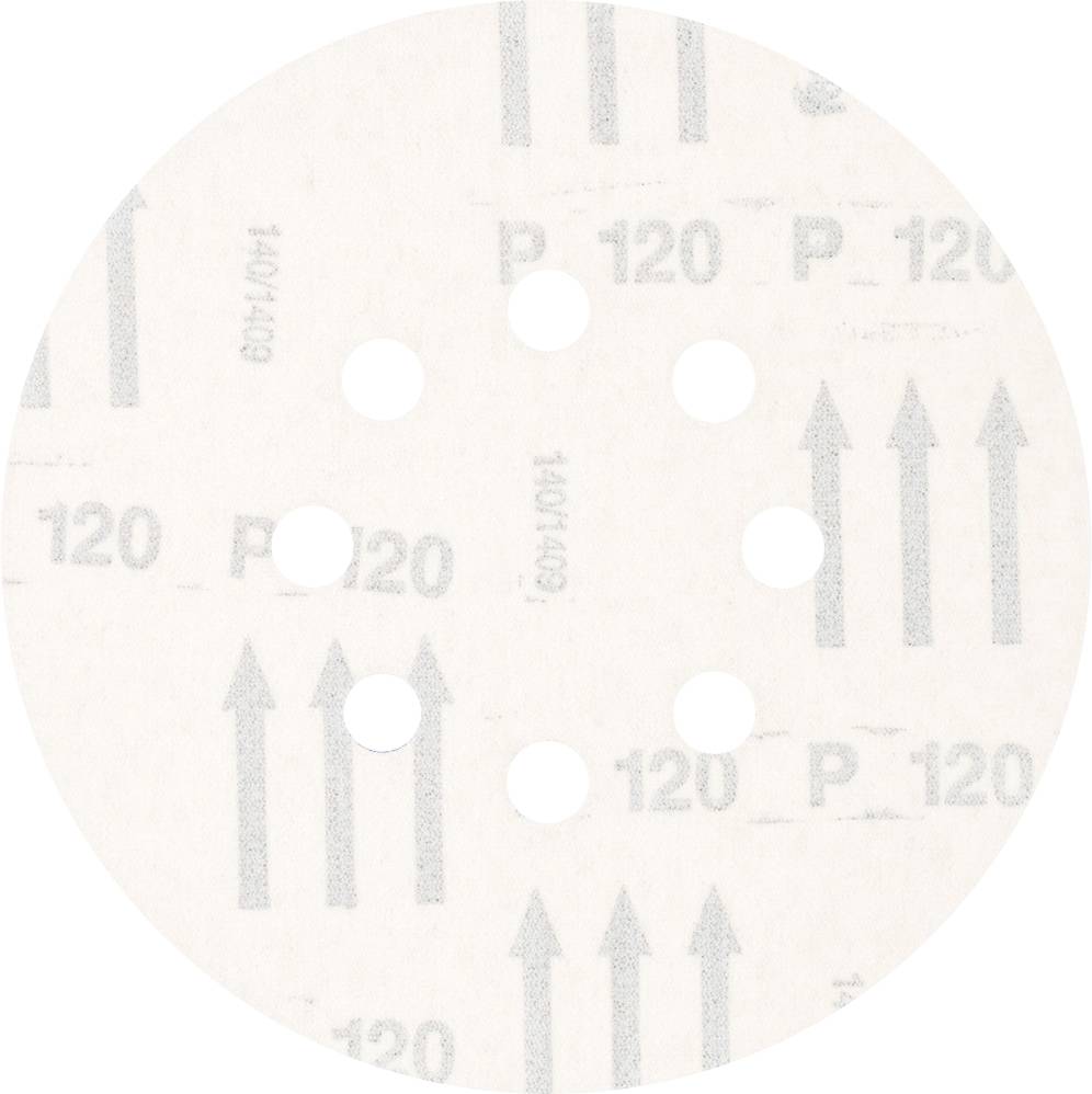 A round piece of sandpaper with multiple holes and the inscription 'P 120', indicating the grit. Numerous arrows point in the same direction.