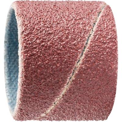A coarse-grained red abrasive sanding belt roll, primarily used for metalworking, stands upright, close-up.