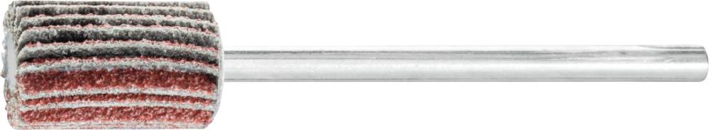 Grinding attachment with multi-layered, grey and red lamellae on a silver shaft. Used for fine finishing in metal or woodworking.