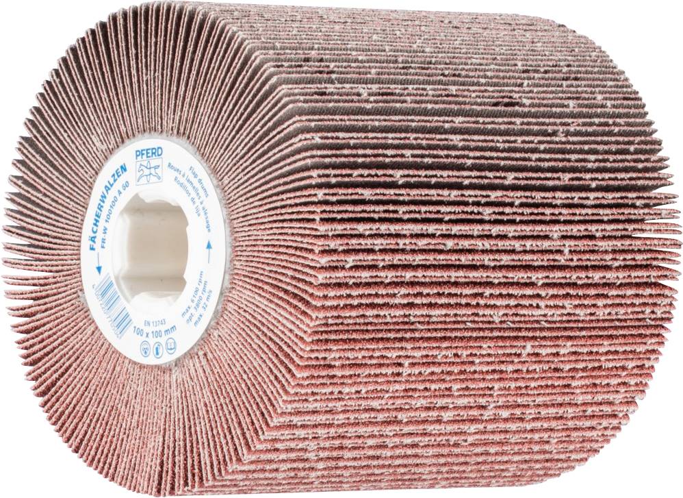 A round abrasive grain flap wheel attachment made of perforated sanding paper with internal mounting, suitable for grinding work on metal surfaces.