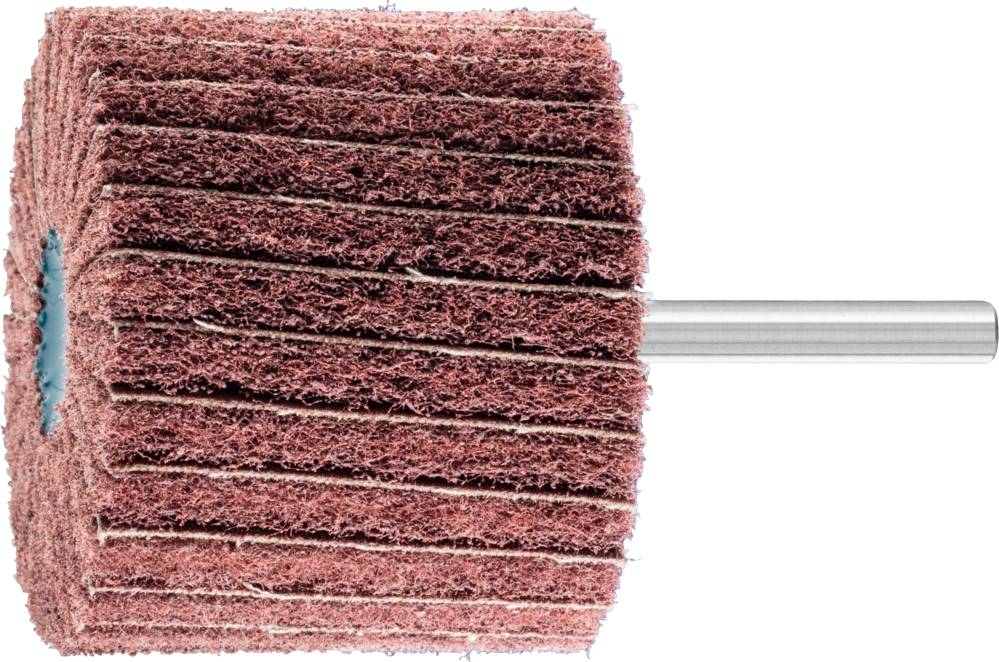 A grinding attachment with a red, rectangular grinding material on a metal rod for surface treatment.