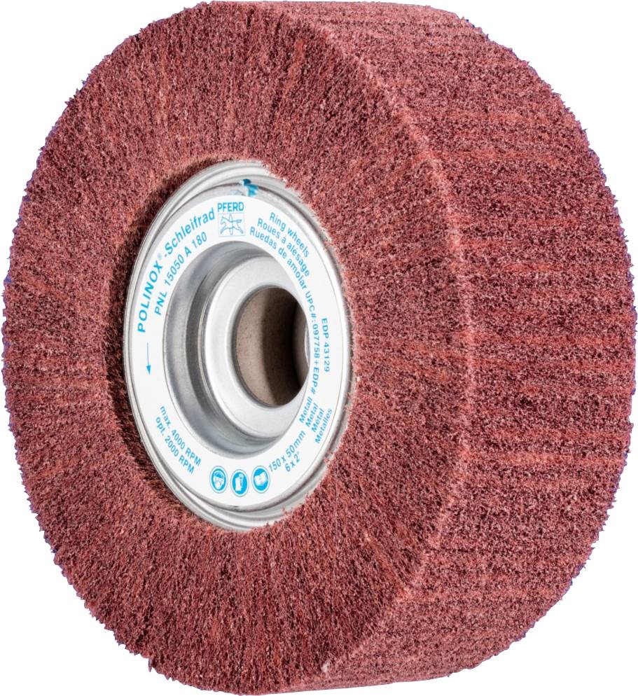 Rust-brown grinding wheel with metal core, labelled with 'POLINOX Grinding Wheel' and technical specifications on the label.