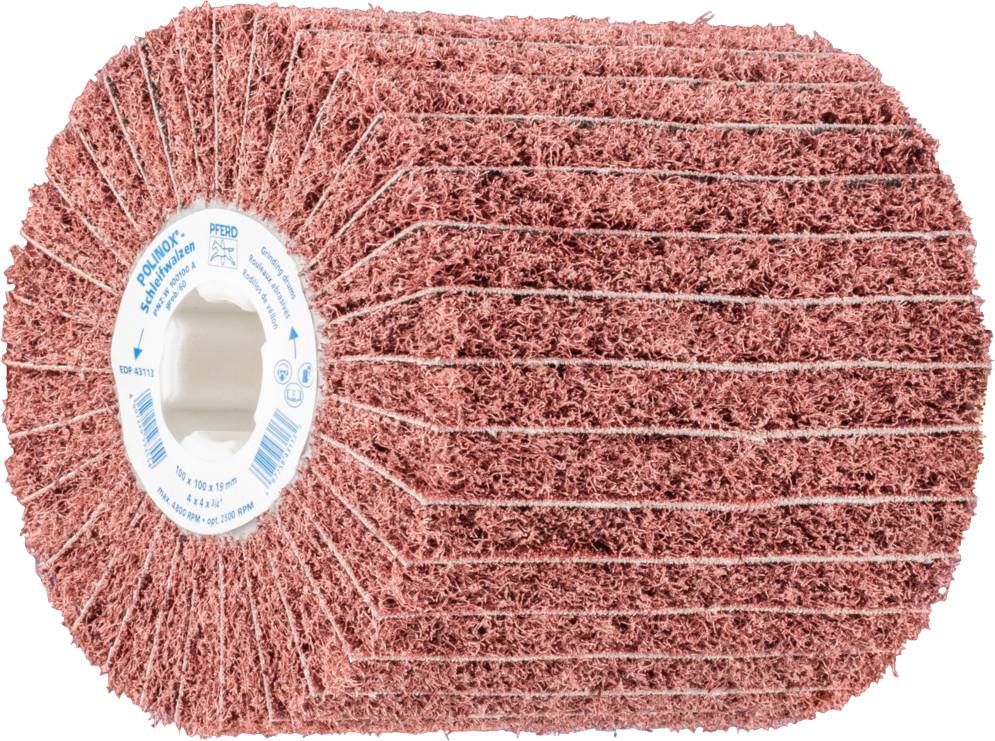 A roller with red abrasive fleece, typically used for surface treatment or cleaning in industry.