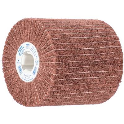Large reddish-brown grinding roller with stacked sanding sheets arranged around a central plastic core.